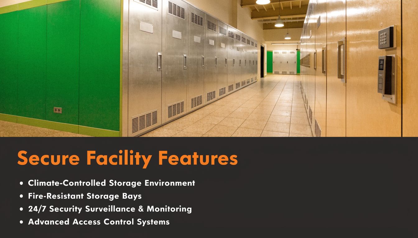 A long hallway lined with secure metal storage bays featuring climate control and advanced access systems.