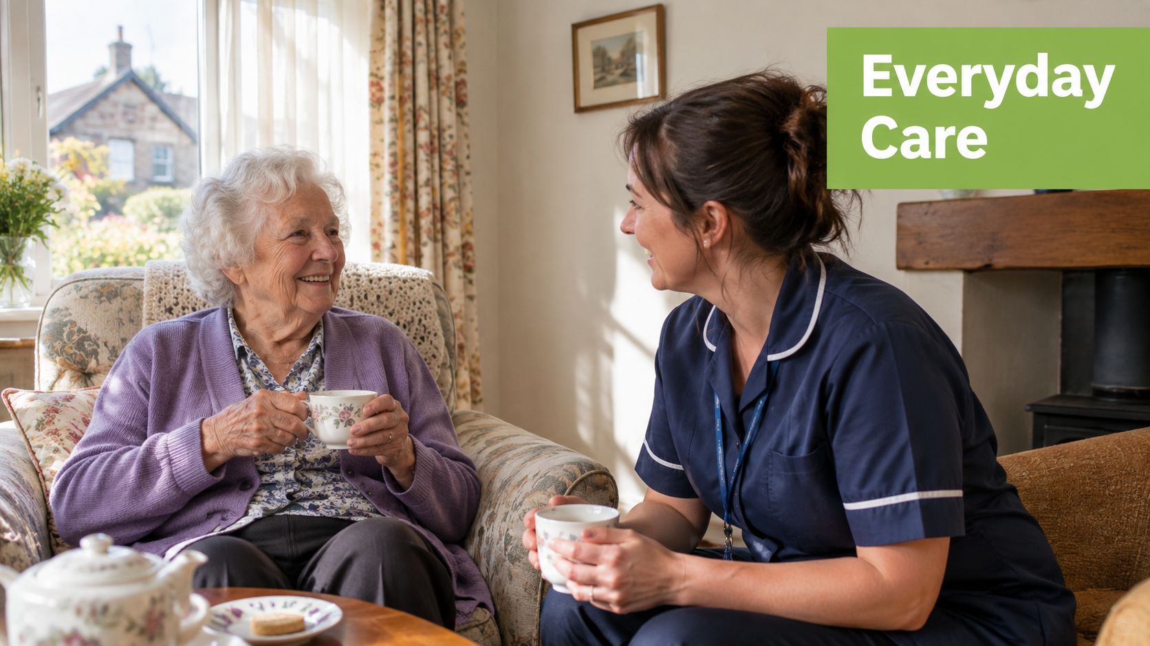 A friendly caregiver smiling and having tea with an elderly woman in a comfortable living room.