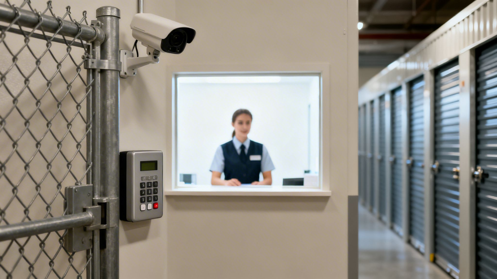 A security camera and keypad access gate at a self-storage facility, with staff and storage units in the background.