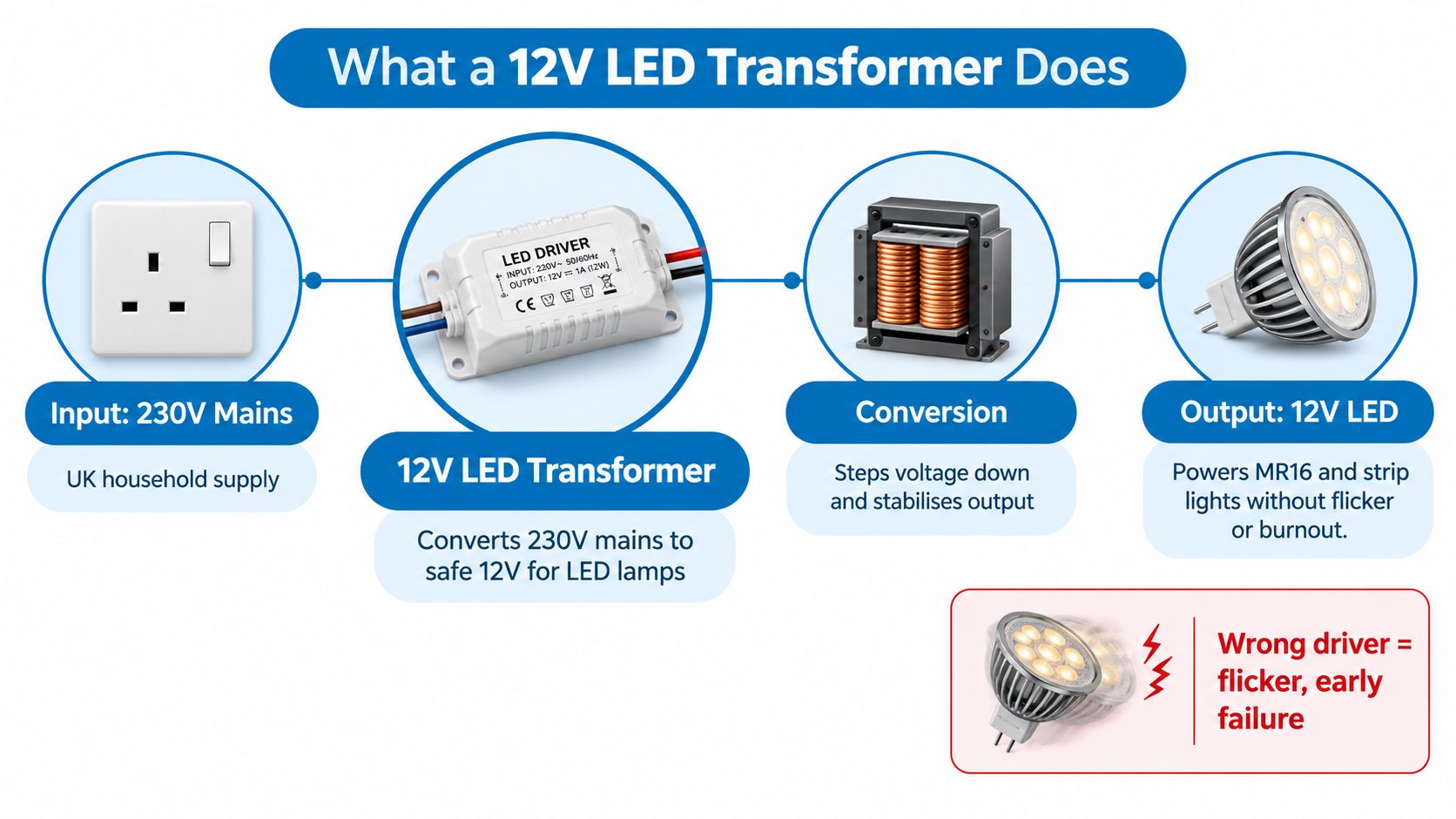 A diagram explaining how a 12V LED transformer converts high-voltage mains power into safe low-voltage LED power.