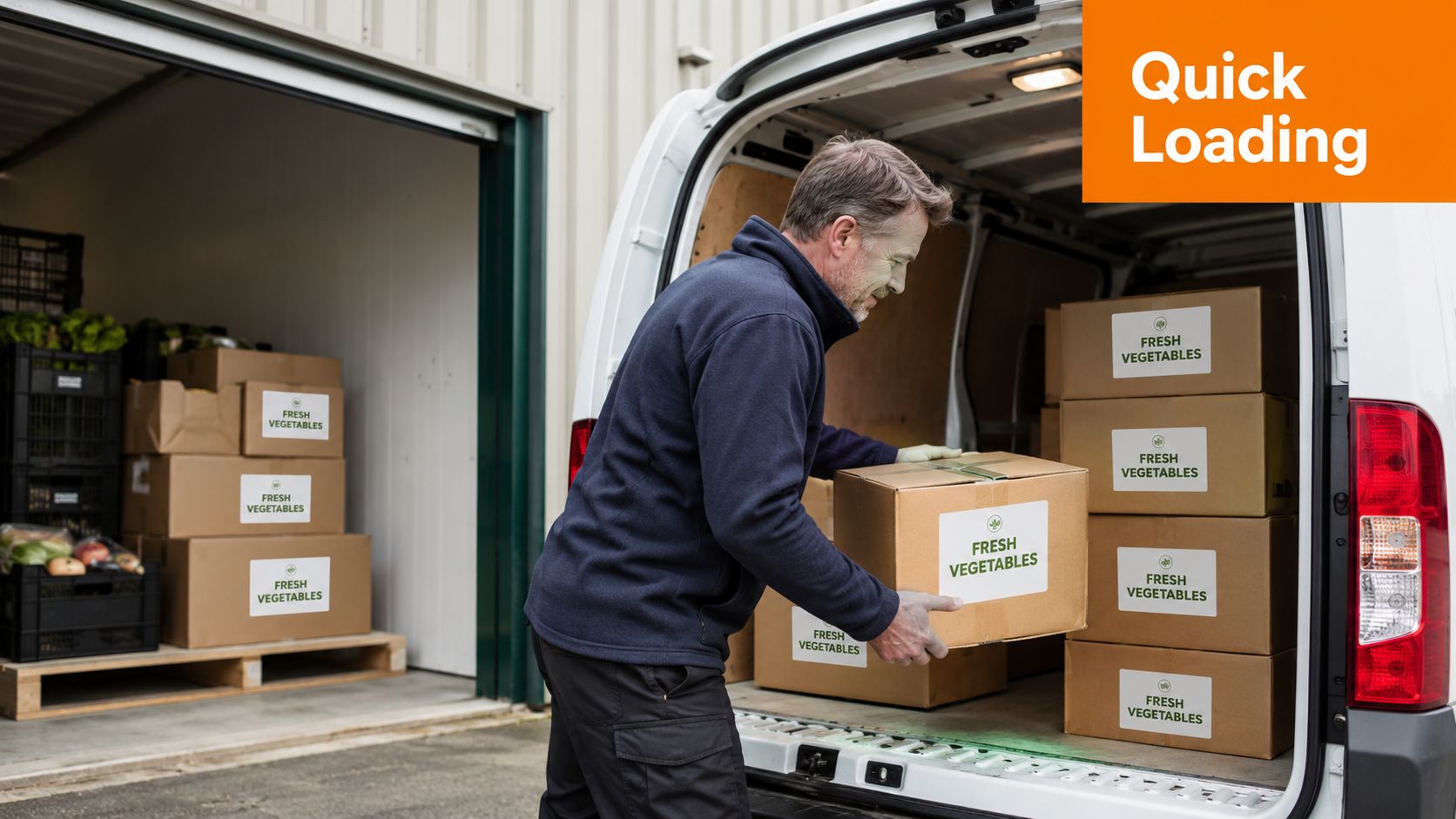 A man in a blue fleece loading a box labeled Fresh Vegetables into a white delivery van.