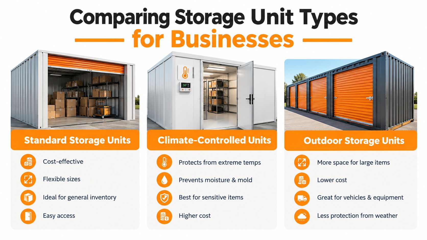 An infographic comparing standard, climate-controlled, and outdoor storage unit types for business inventory management.