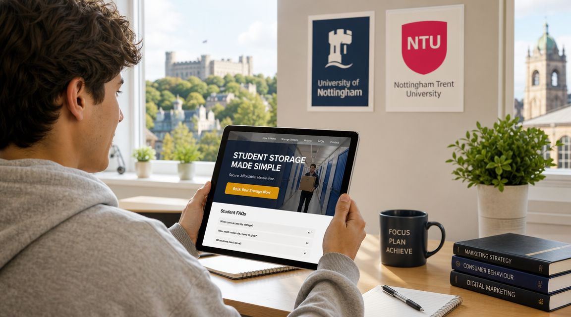 A student using a tablet to book storage services with a university campus background.