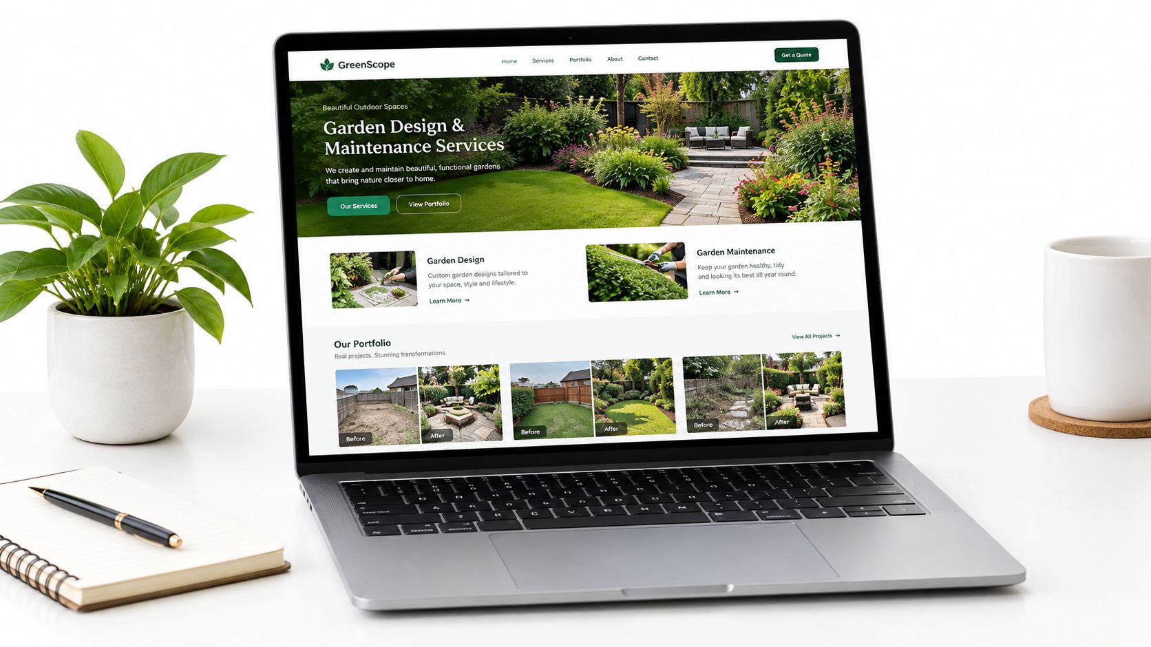 A modern laptop displaying a professional landscape gardening website on a clean white office desk.