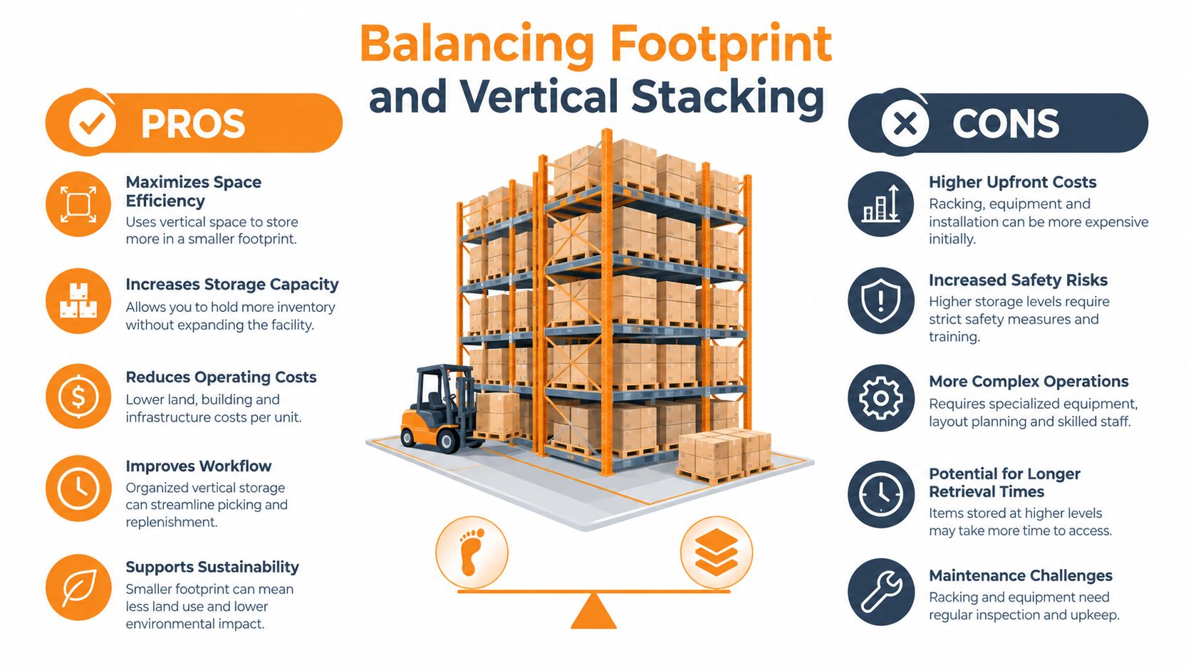 An infographic showing the pros and cons of vertical storage stacking for warehouse facility planning.