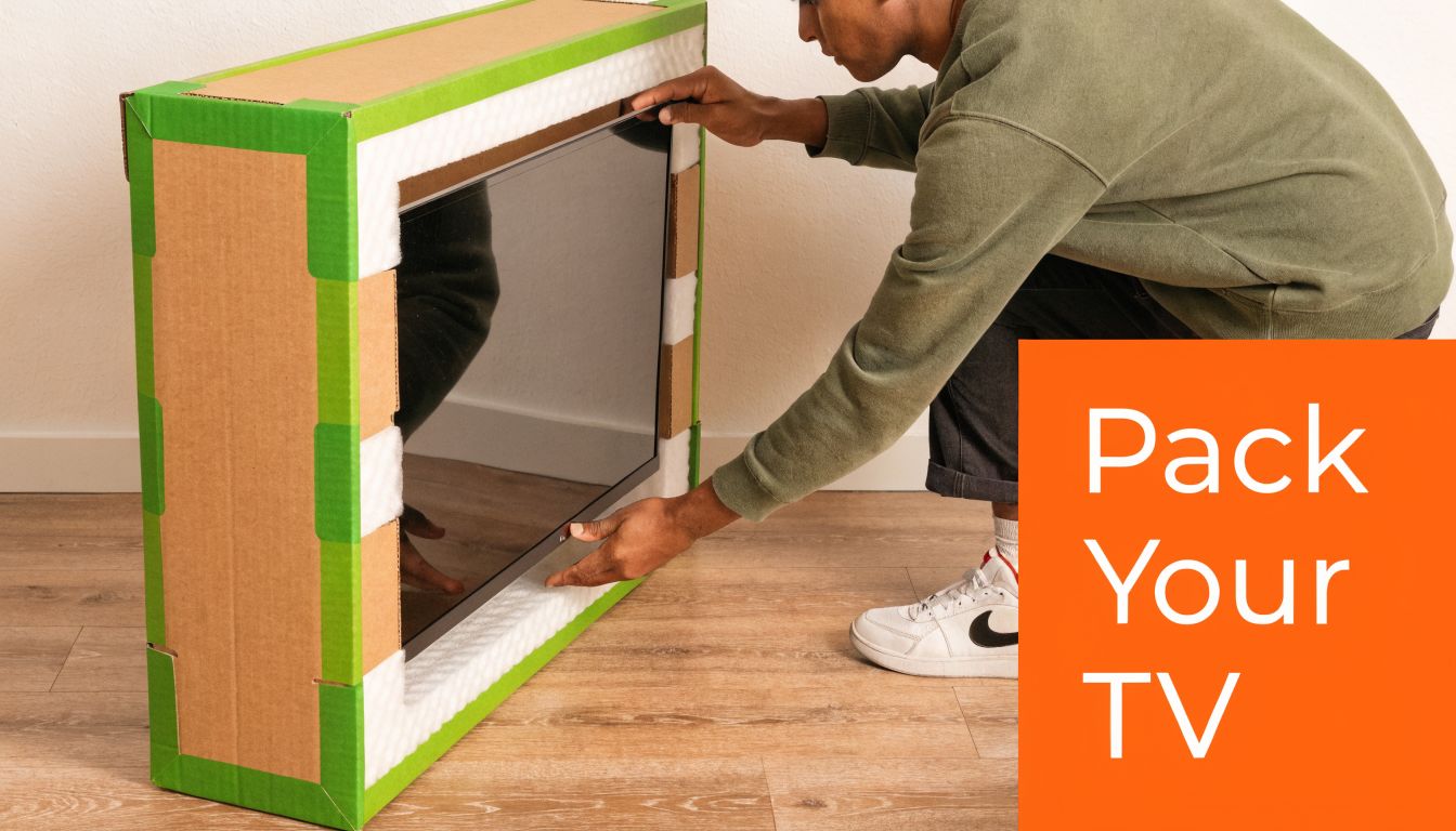 A person carefully places a flat-screen television into a protective cardboard and foam shipping box.