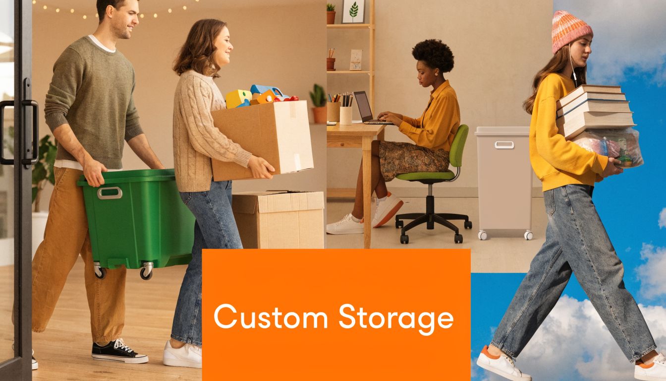 People carrying storage containers and boxes, with a woman working at a desk, promoting custom storage solutions.