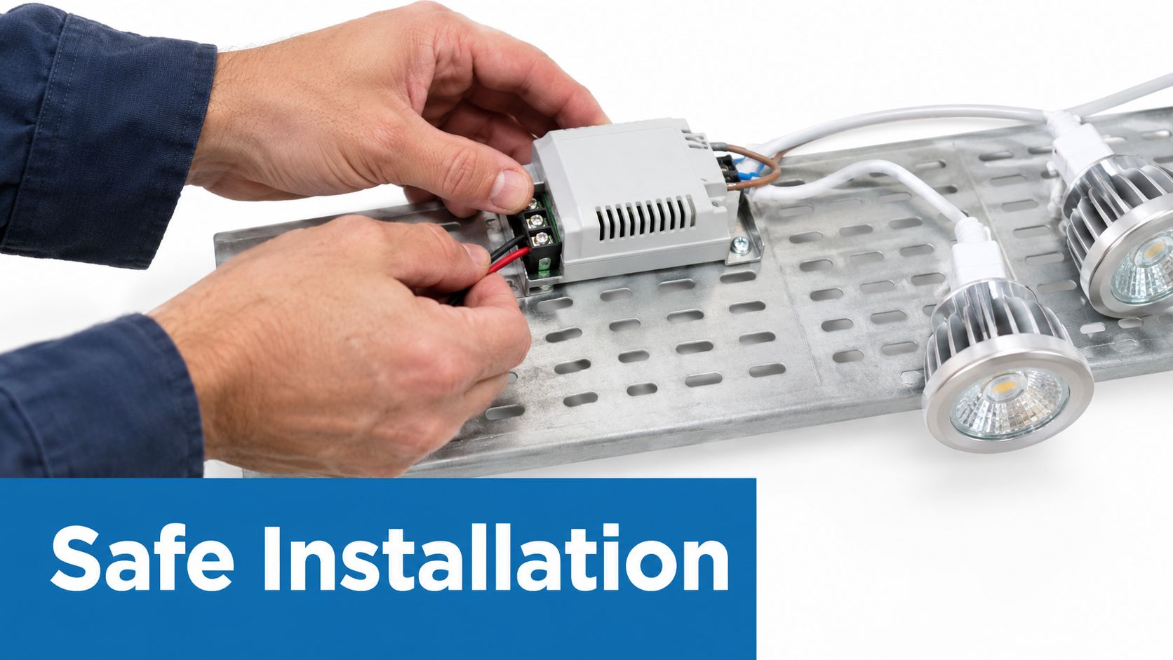 A technician carefully connecting wires into a 12V LED transformer mounted on a metal cable tray.