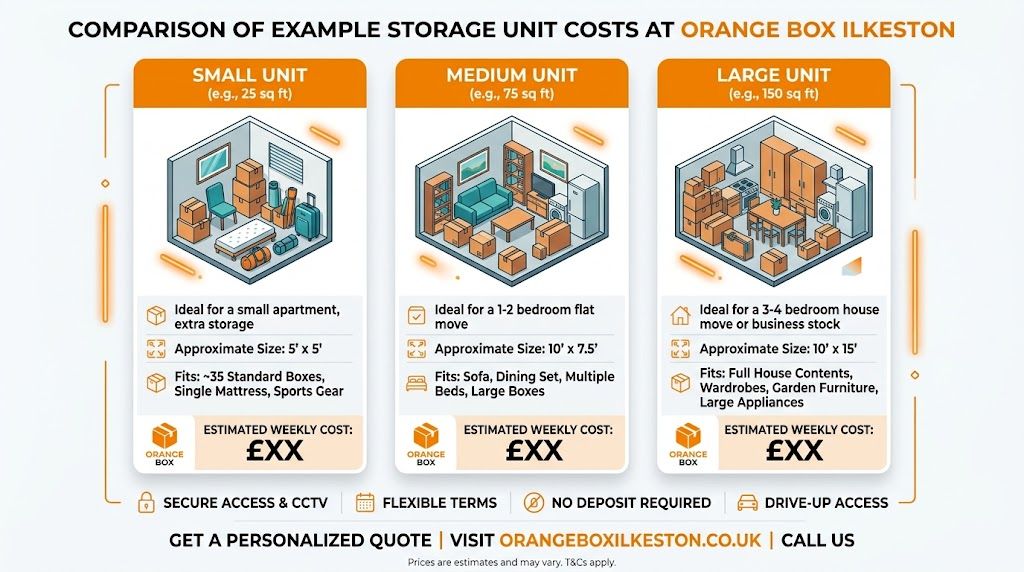 A comparison chart of small, medium, and large self-storage unit sizes and features at Orange Box Self Storage Ilkeston.