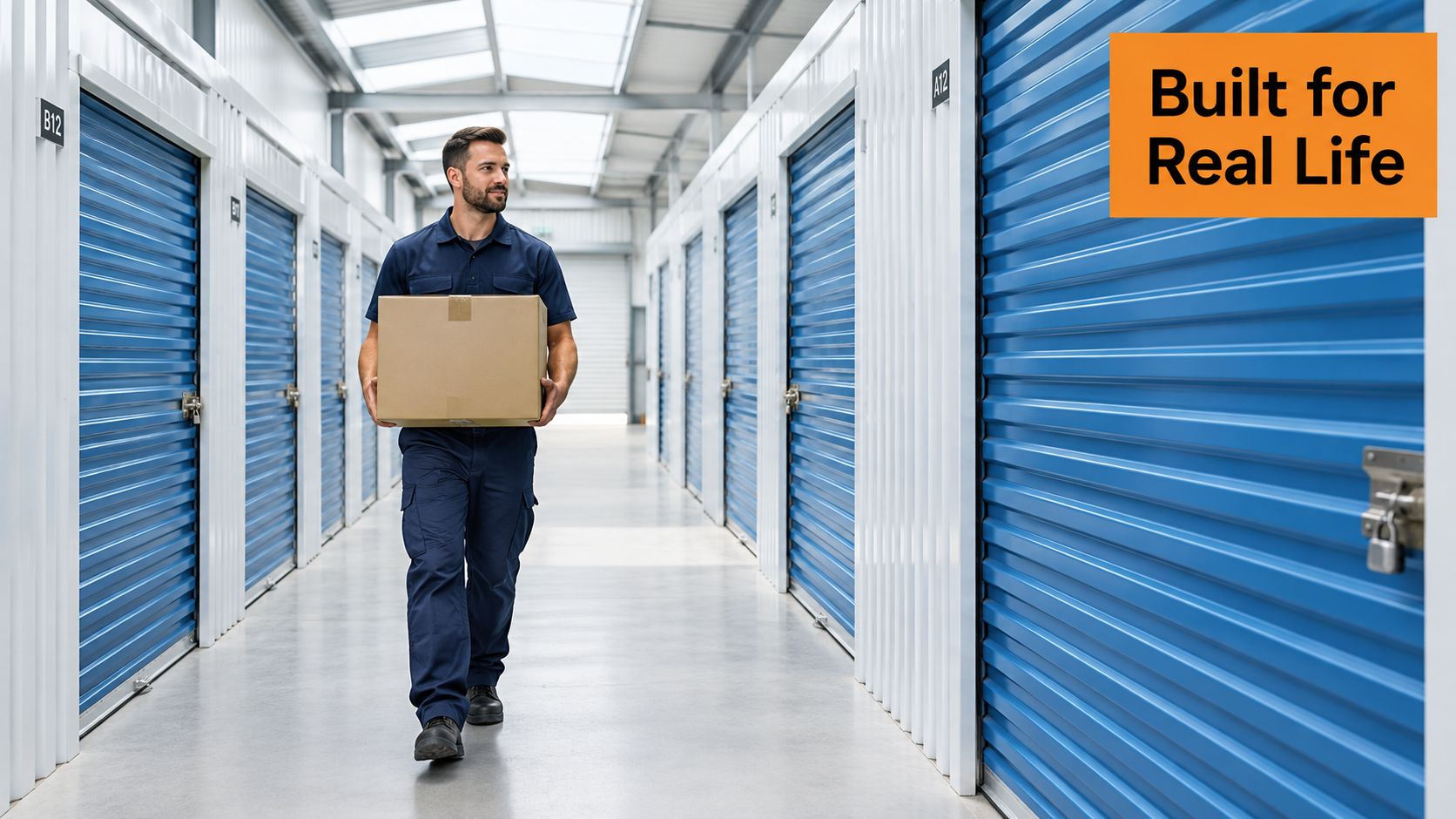 A man in a dark blue uniform carrying a cardboard box inside a self storage facility.