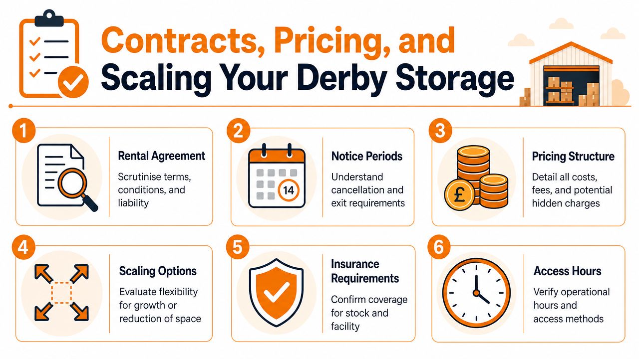 An infographic detailing essential considerations for contracts, pricing, and scaling storage solutions for businesses in Derby.