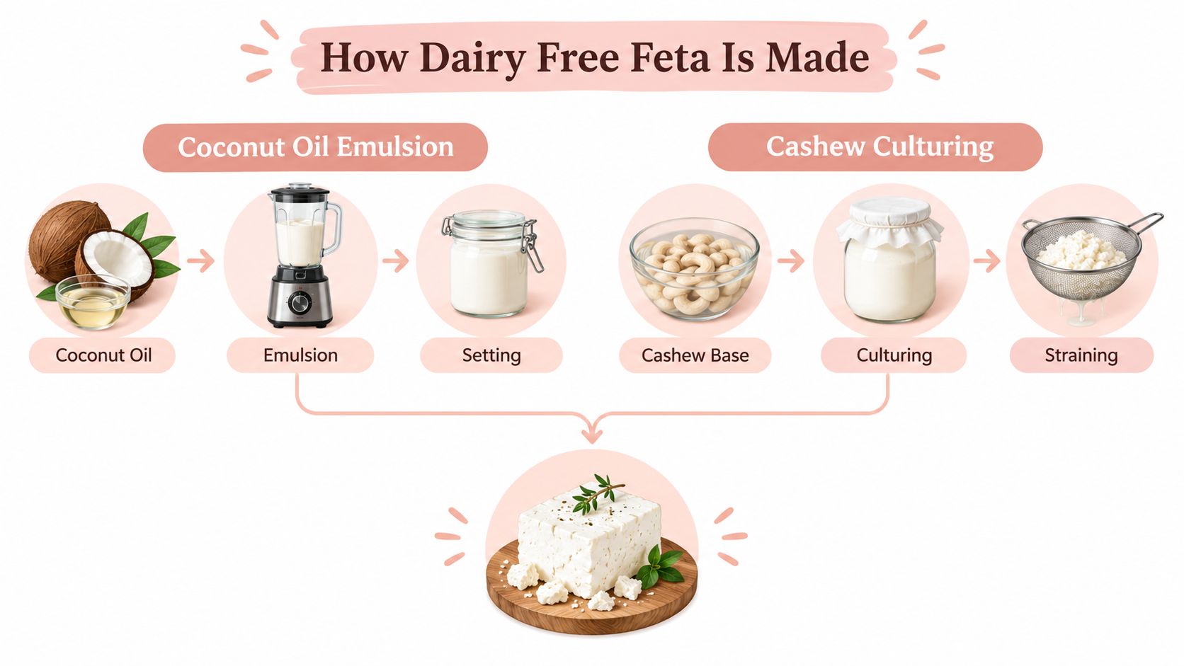 An infographic showing the step-by-step process of making homemade dairy free feta cheese using coconut oil and cashews.