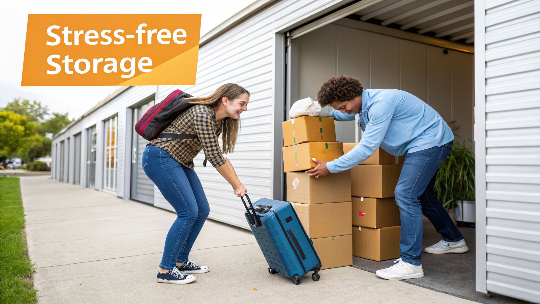 Two happy young adults moving boxes and a suitcase into a stress-free self-storage unit.