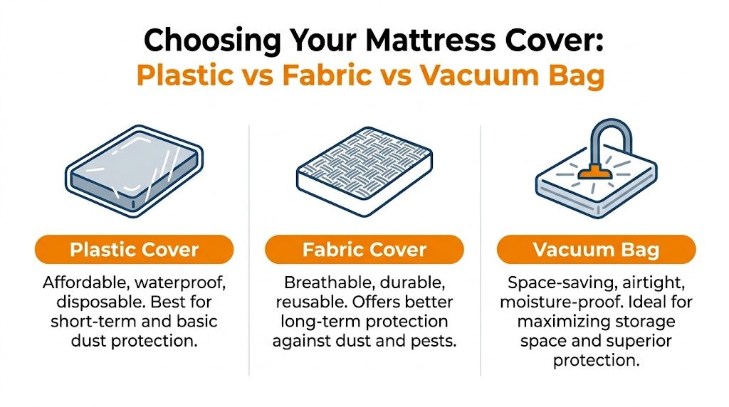 A comparison infographic showing the pros and cons of using plastic, fabric, or vacuum bags for mattress storage.