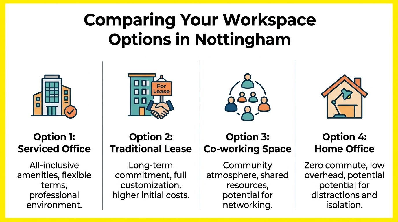An infographic comparing four workspace options in Nottingham: serviced office, traditional lease, co-working space, and home office.