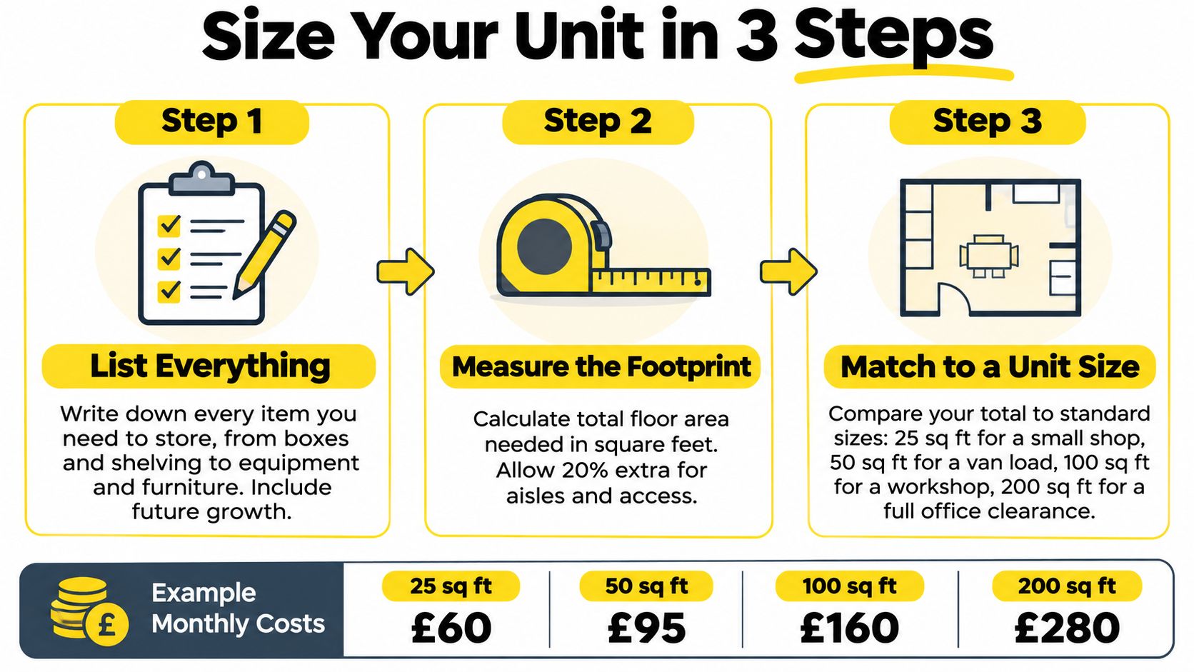 A three-step infographic on sizing a self-storage unit for small business inventory and office equipment.
