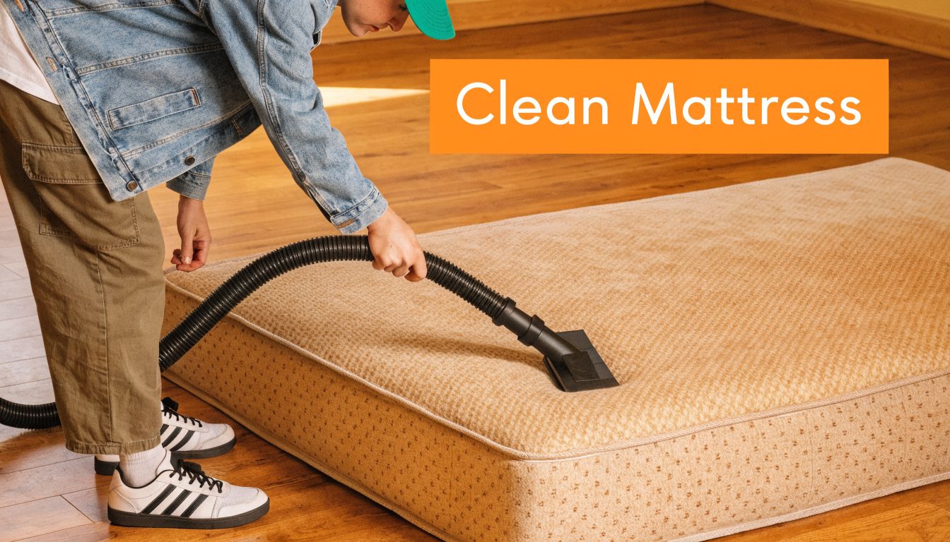 A person in a denim jacket vacuums a beige mattress on a wooden floor in a room.