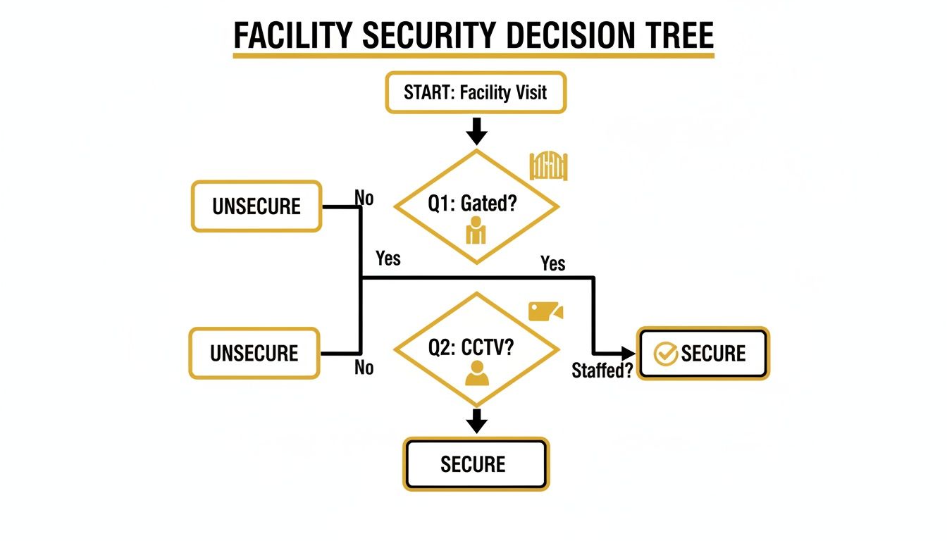A facility security decision tree flowchart evaluating conditions like gating, CCTV, and staffing for secure or unsecure status.