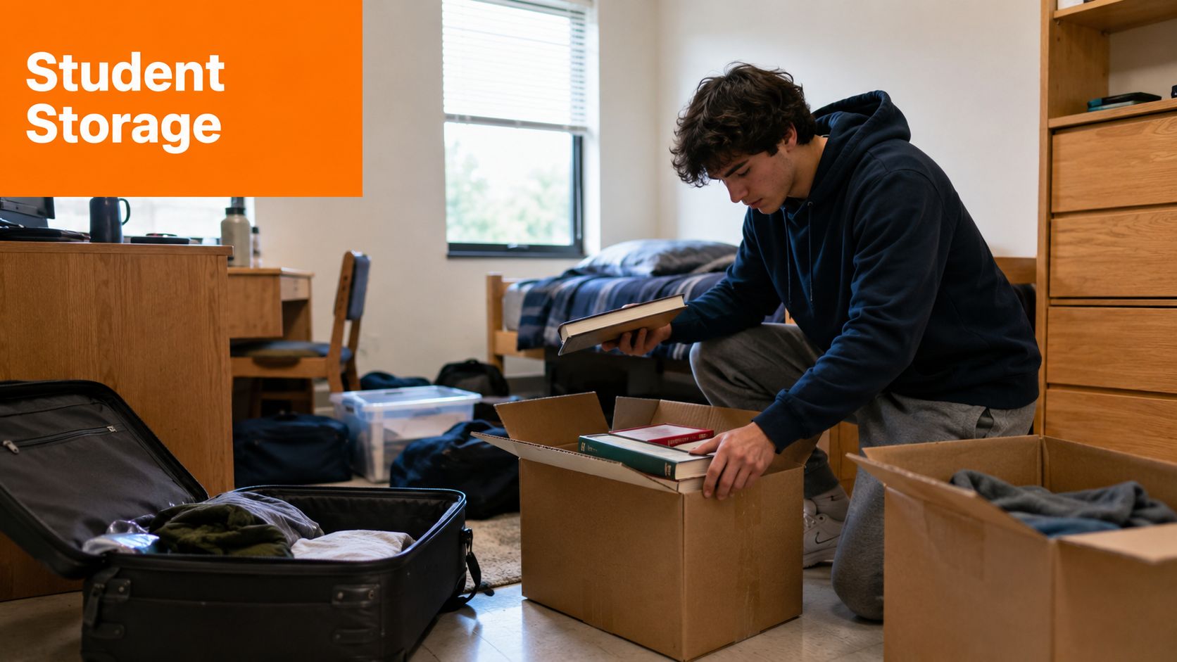A male student kneeling on the floor packing books into cardboard boxes in a dorm room.