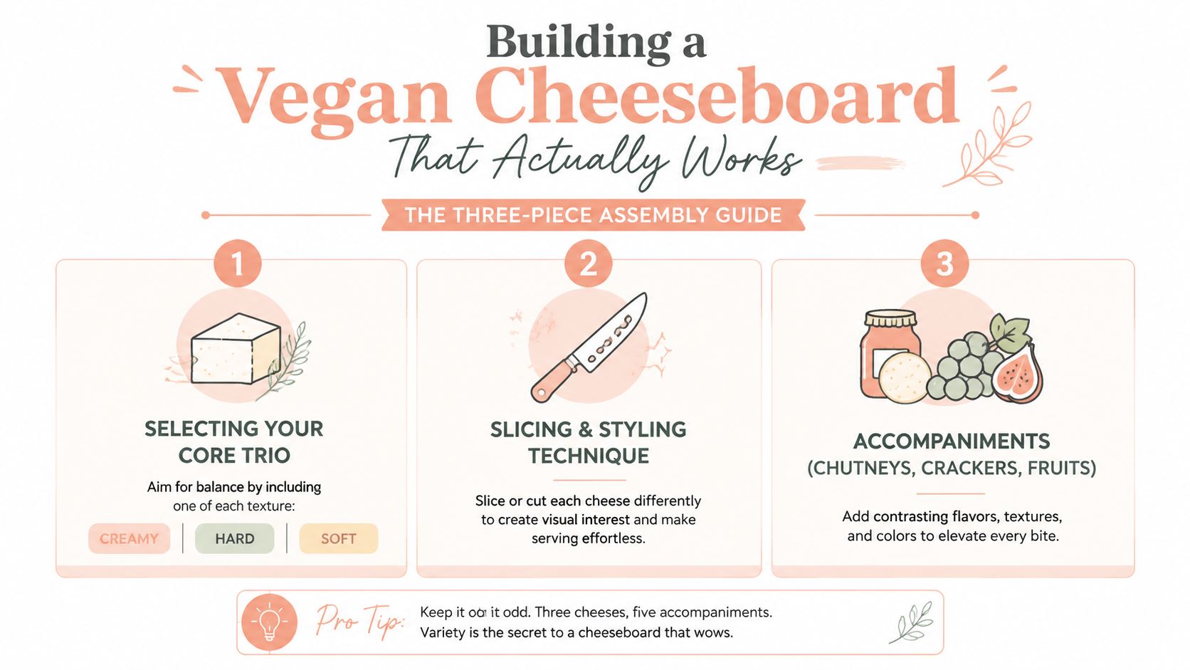 A helpful infographic titled Building a Vegan Cheeseboard showcasing a three-step guide for perfect assembly.