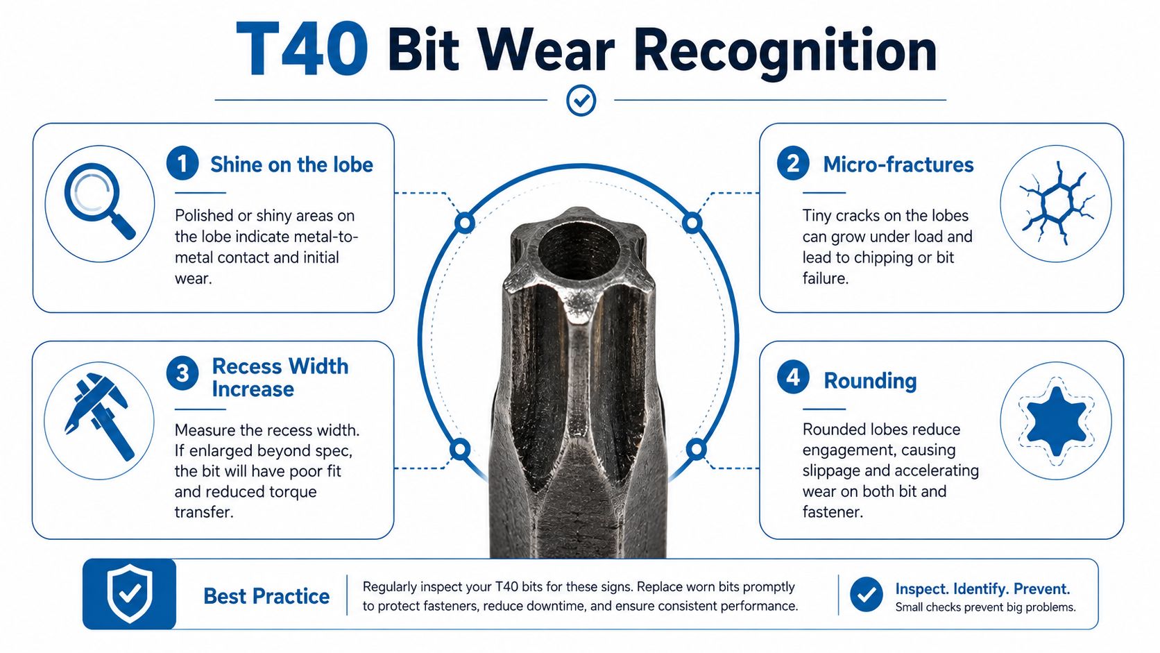 An infographic detailing four signs of wear on a T40 Torx screwdriver bit for proper maintenance.