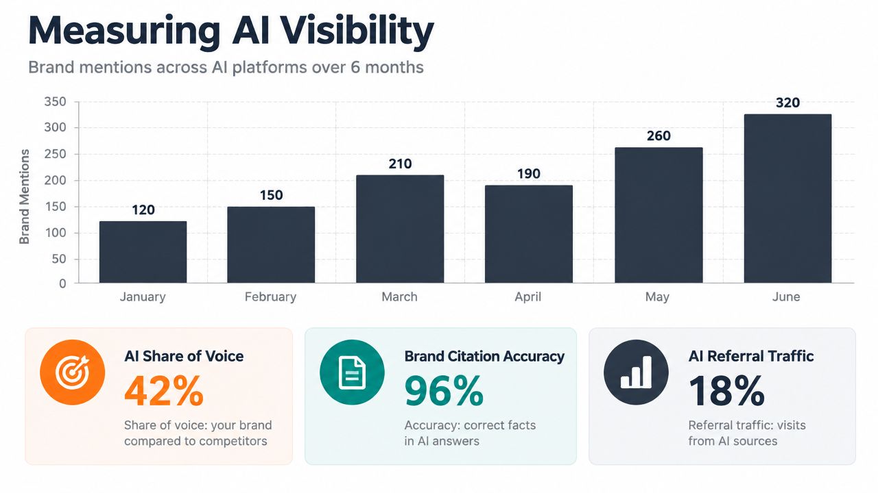 Bar chart showing brand mentions across AI platforms over six months alongside key AI performance metrics.