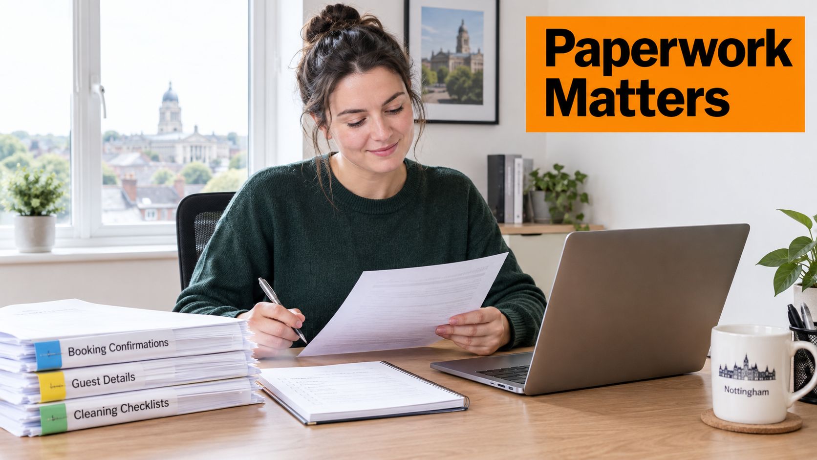 A woman working at a desk with organized paperwork and a laptop in a bright office.