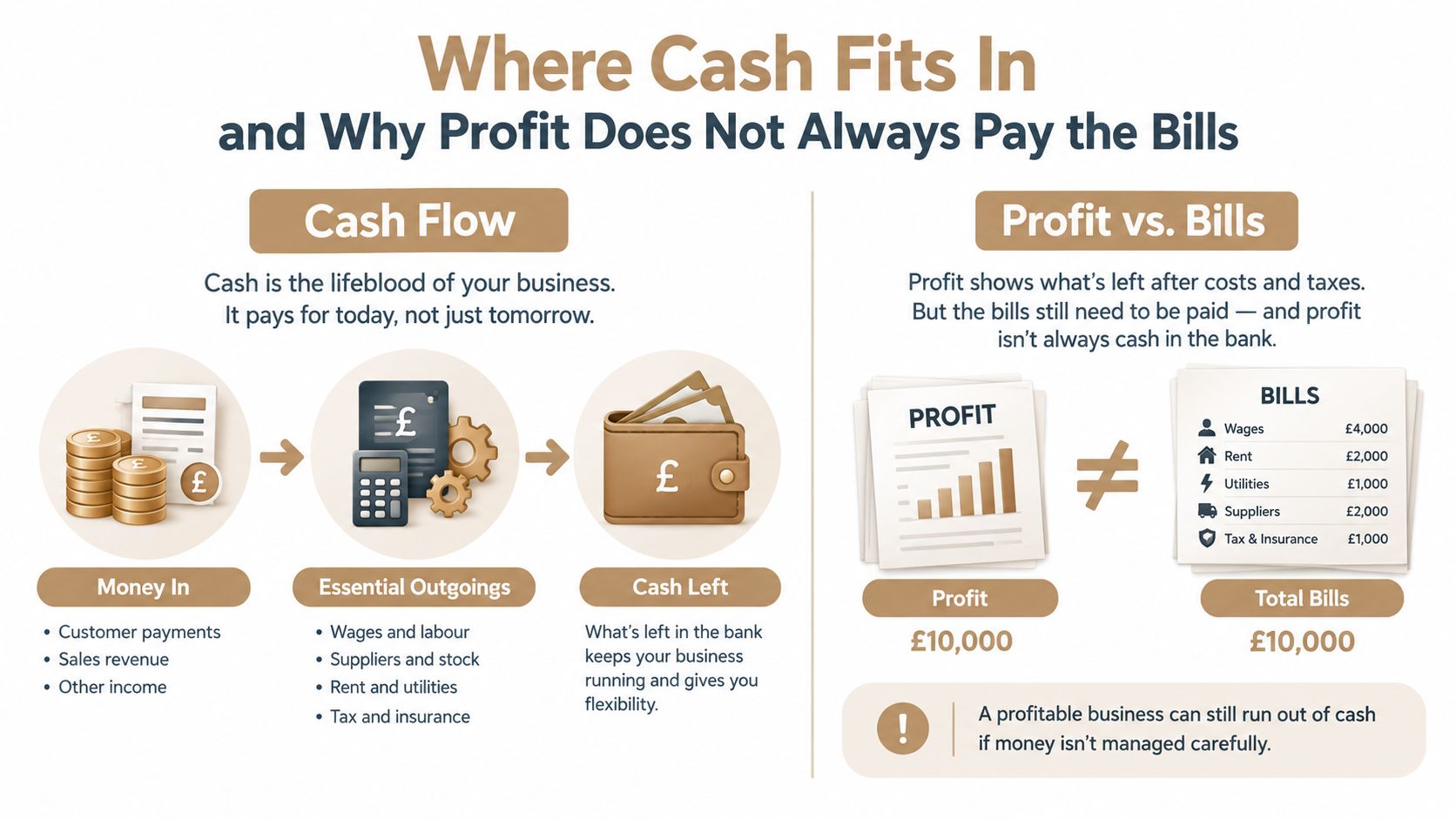 An infographic illustrating the difference between cash flow and profit in business management and financial planning.