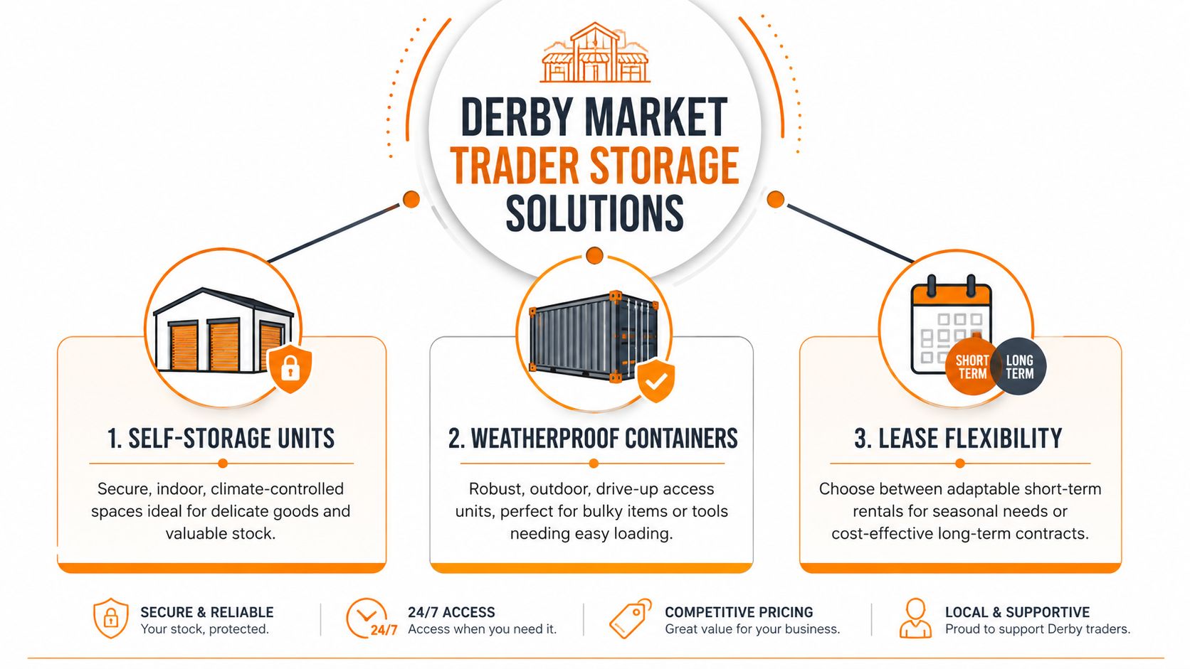 An infographic showing Derby Market Trader Storage Solutions featuring self-storage units, weatherproof containers, and flexible lease options.