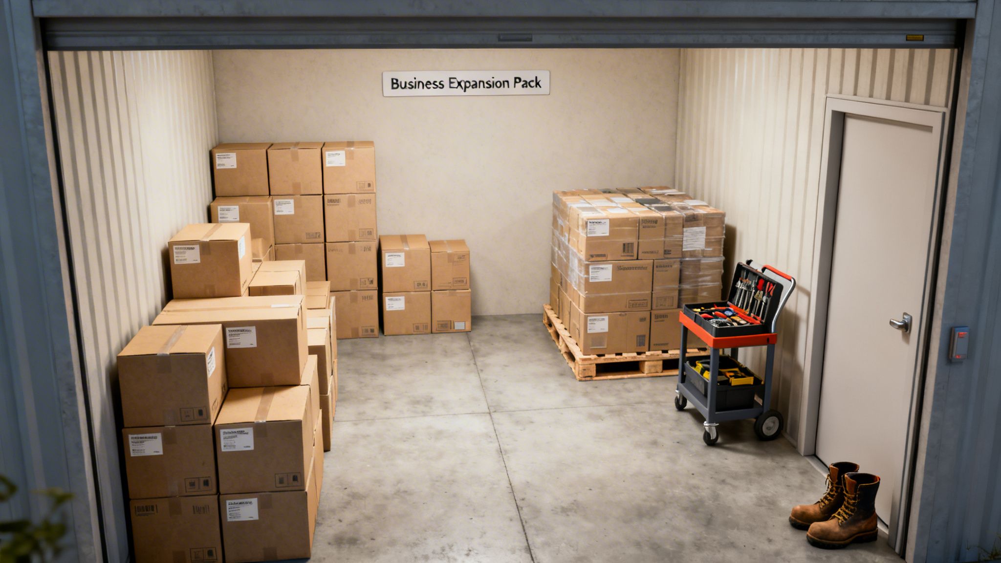 An indoor storage unit filled with stacked cardboard boxes, a toolkit, and work boots, suggesting business inventory.