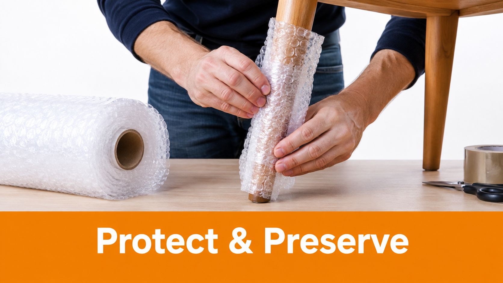 A person carefully wrapping a wooden furniture leg with bubble wrap for protection during moving or storage.