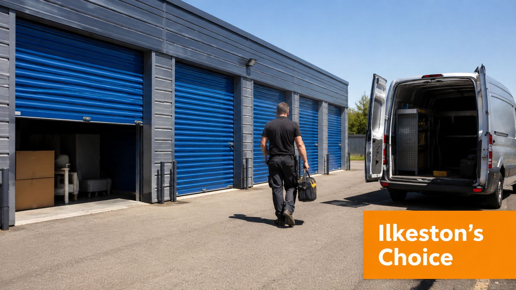 A tradesperson carrying a tool bag walks towards a storage container unit near their open service van.