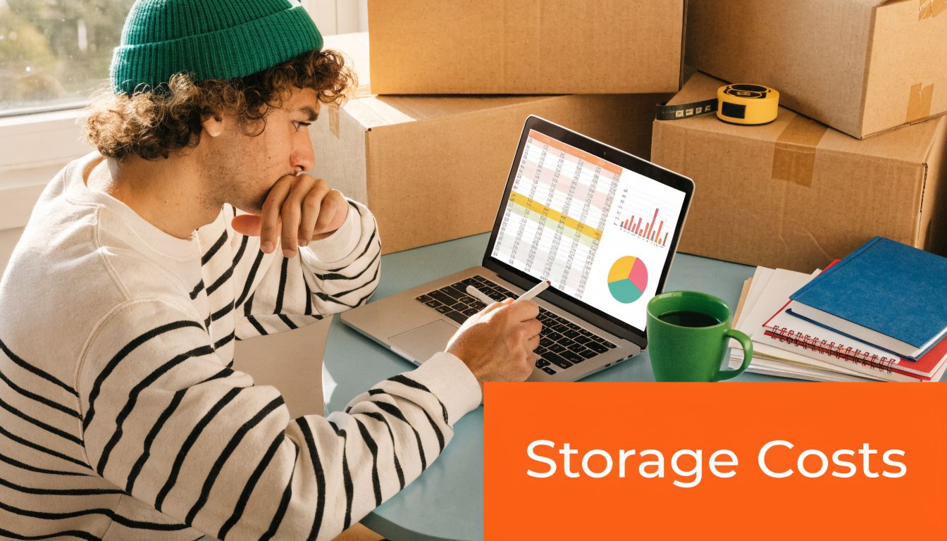 A student wearing a beanie looking at storage cost charts on a laptop among moving boxes.