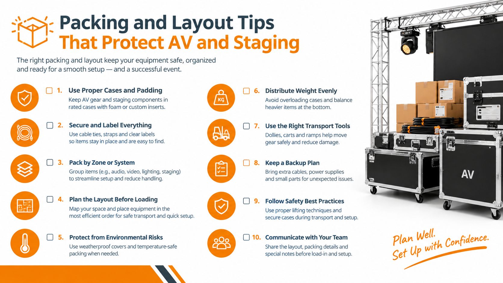 A professional infographic outlining ten essential tips for packing and organizing audio-visual and event staging equipment.