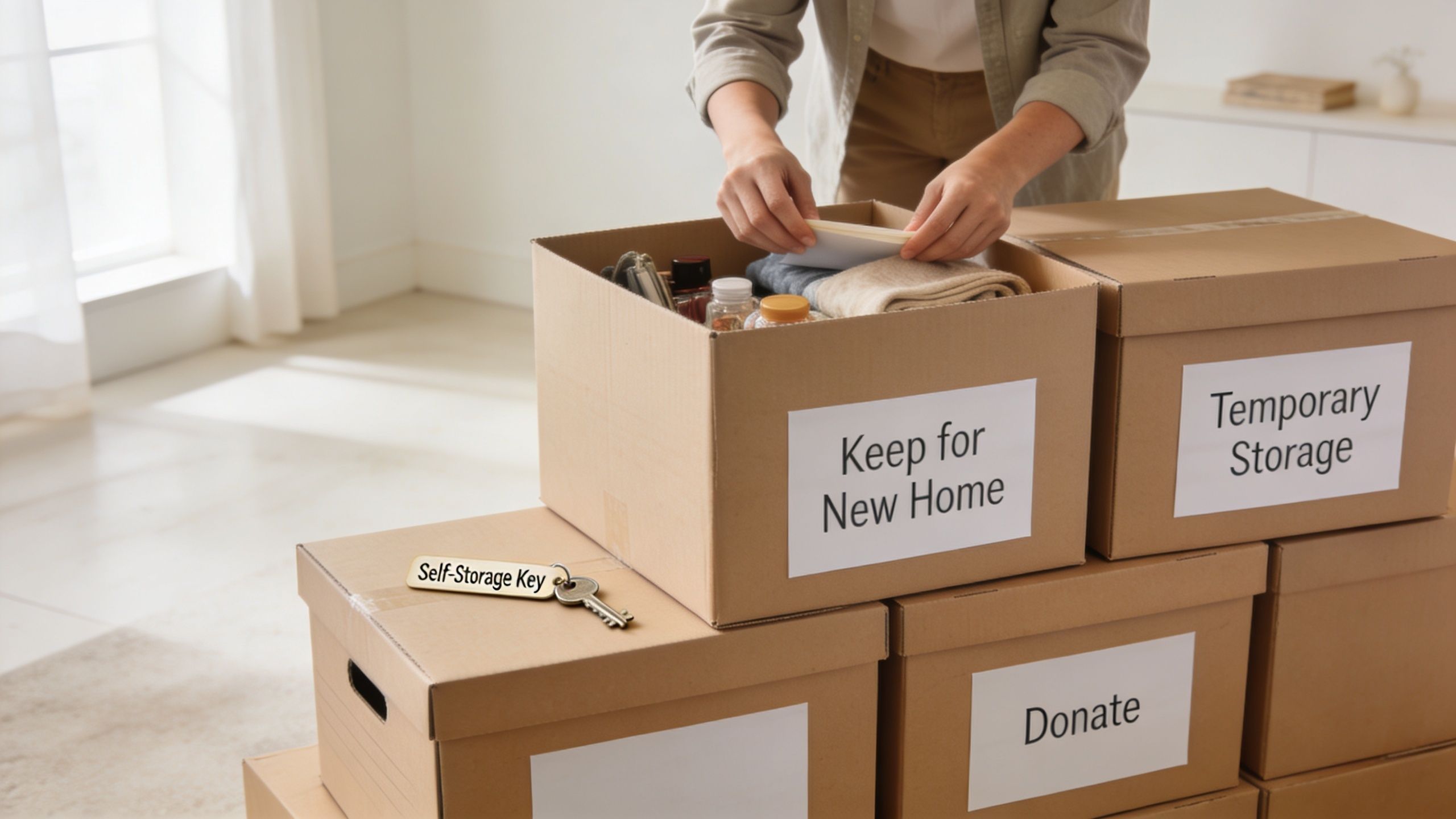 A person packing boxes labeled for moving to a new home, donating, and temporary storage.