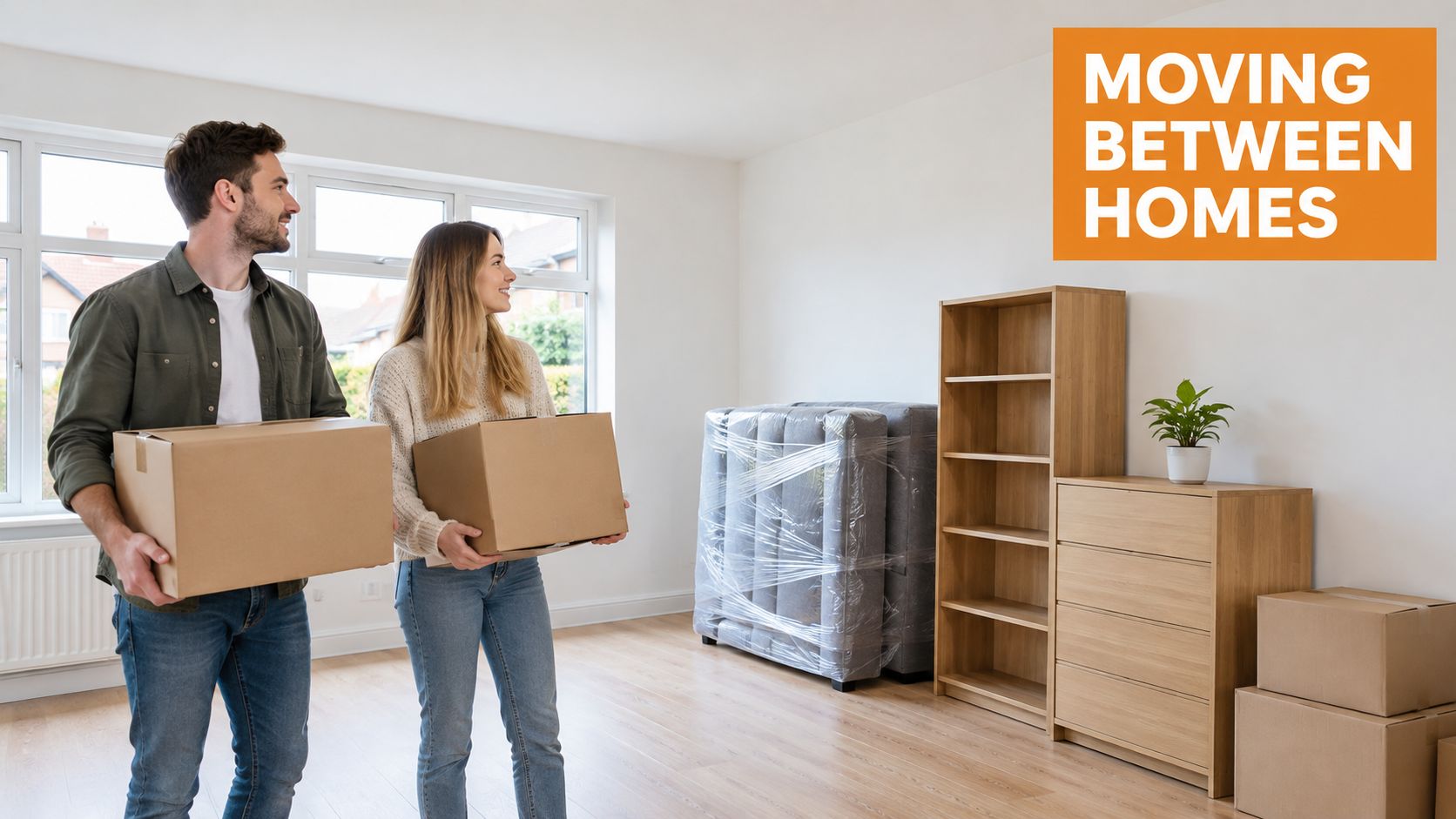 A young couple carrying moving boxes into their new, mostly empty apartment while looking around the room.