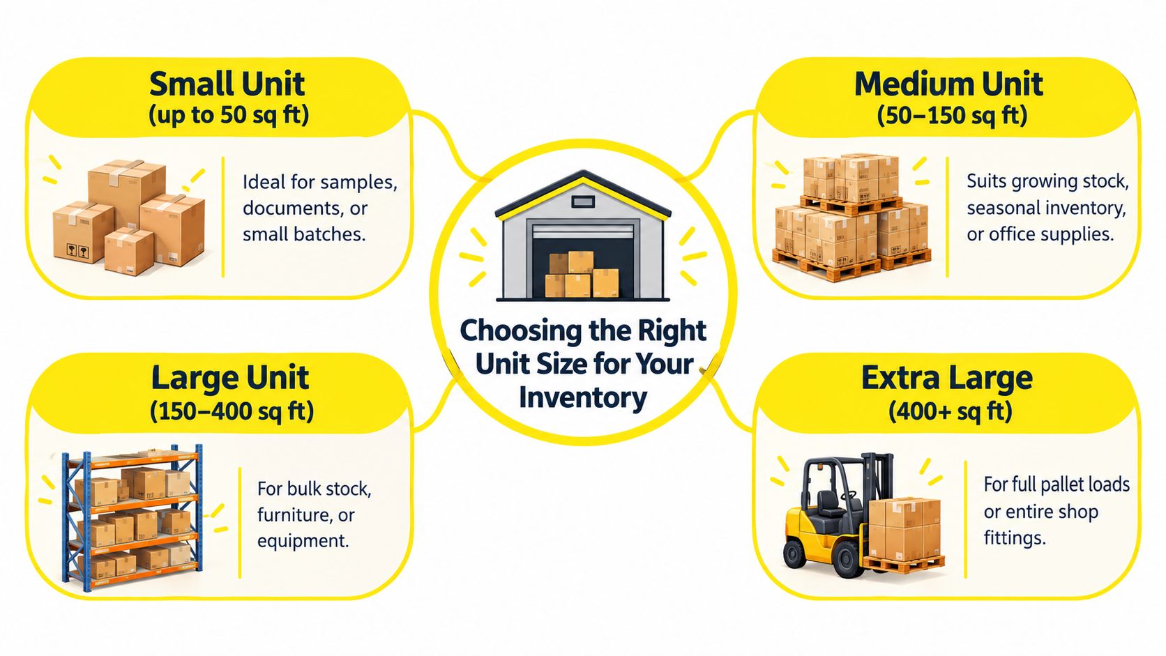 A diagram illustrating four different business storage unit sizes ranging from small to extra large for inventory.