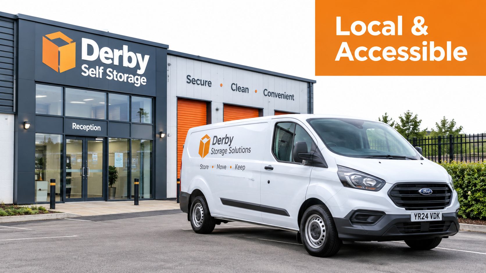 A white Derby Storage Solutions van parked in front of a modern self storage facility in Derby.