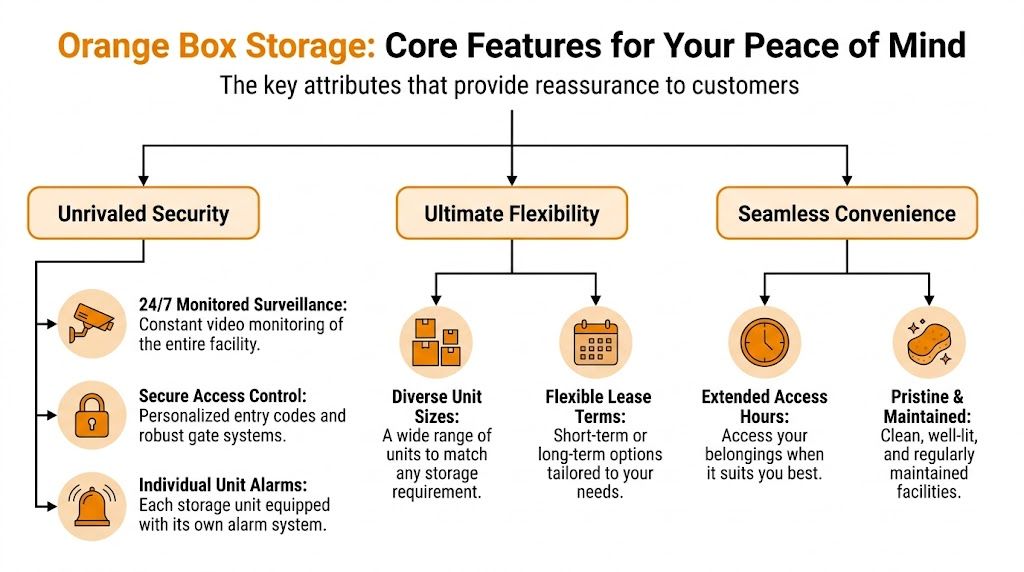 An infographic titled Orange Box Self Storage detailing core features including security, flexibility, and convenience for customers.