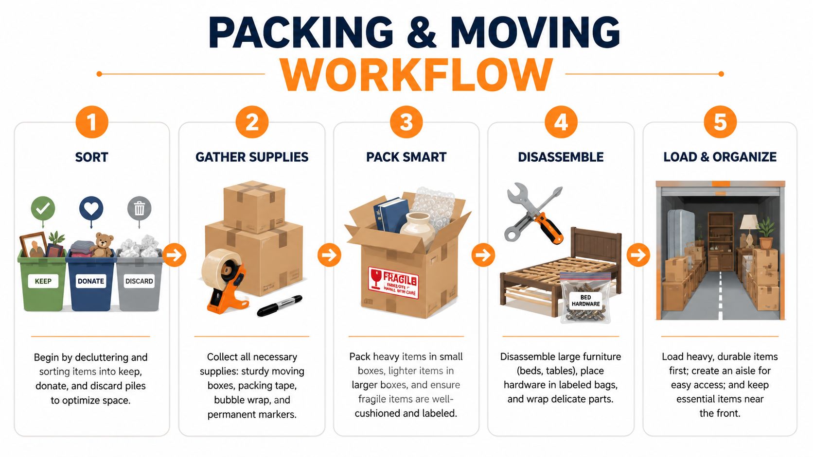 A five-step infographic showing a packing and moving workflow for organizing a home and storage unit.