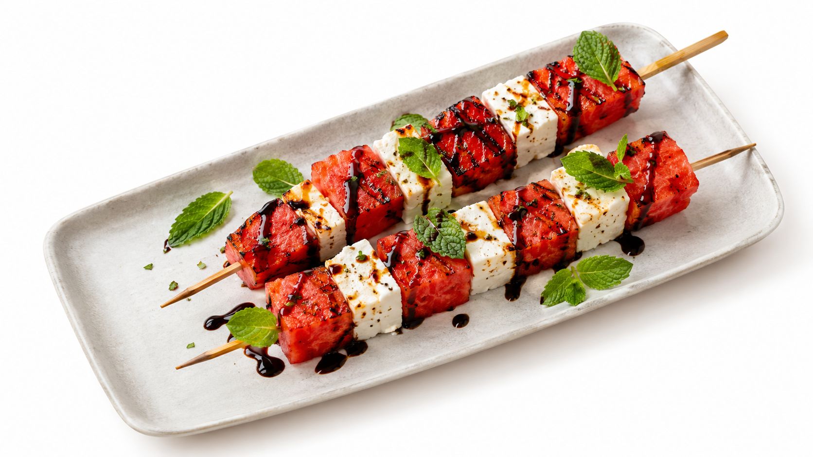 Grilled watermelon and feta skewers served on a platter with fresh mint leaves and balsamic glaze.