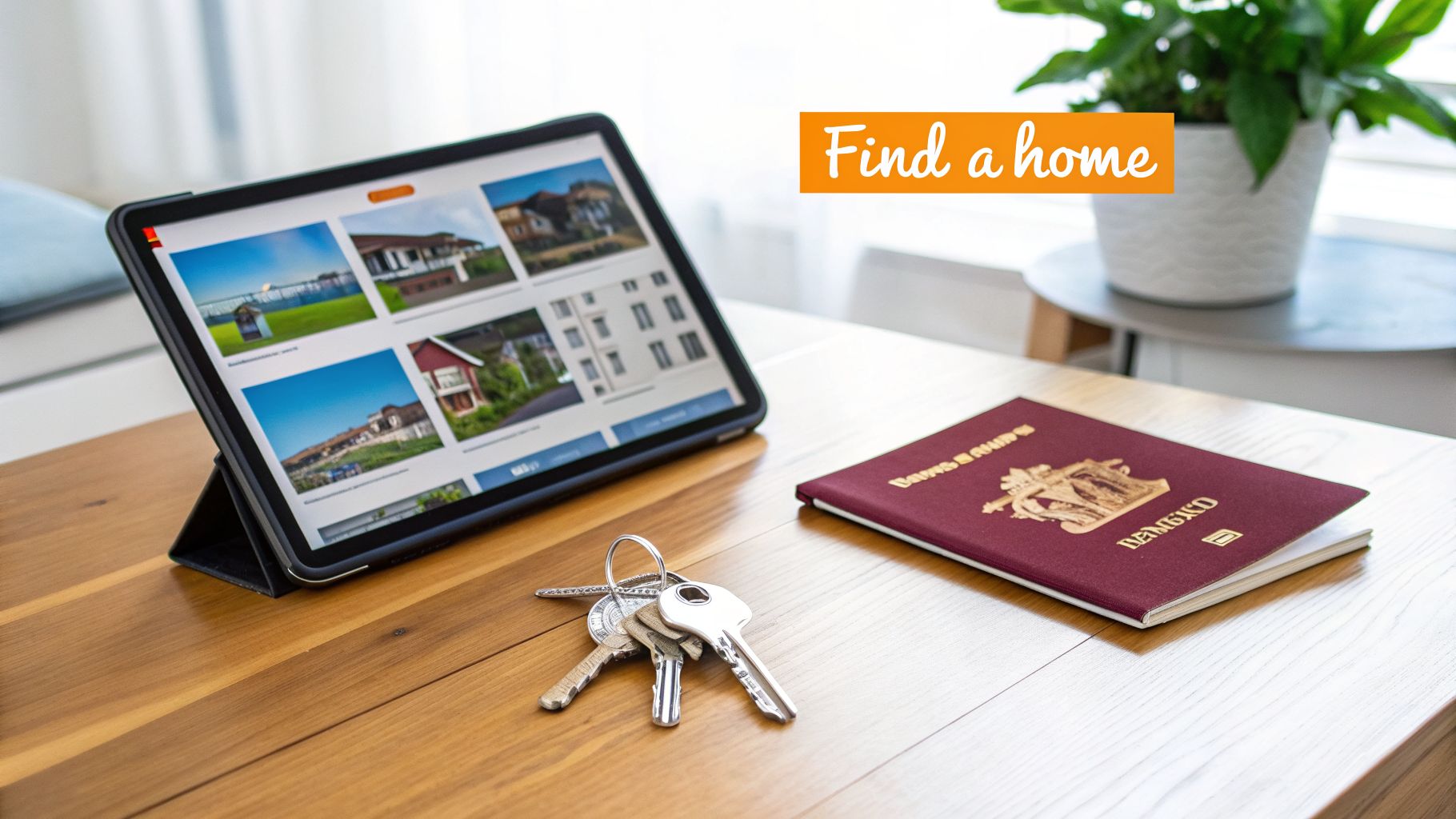 A tablet displaying various houses, keys, and a passport on a wooden table, for finding a new home.