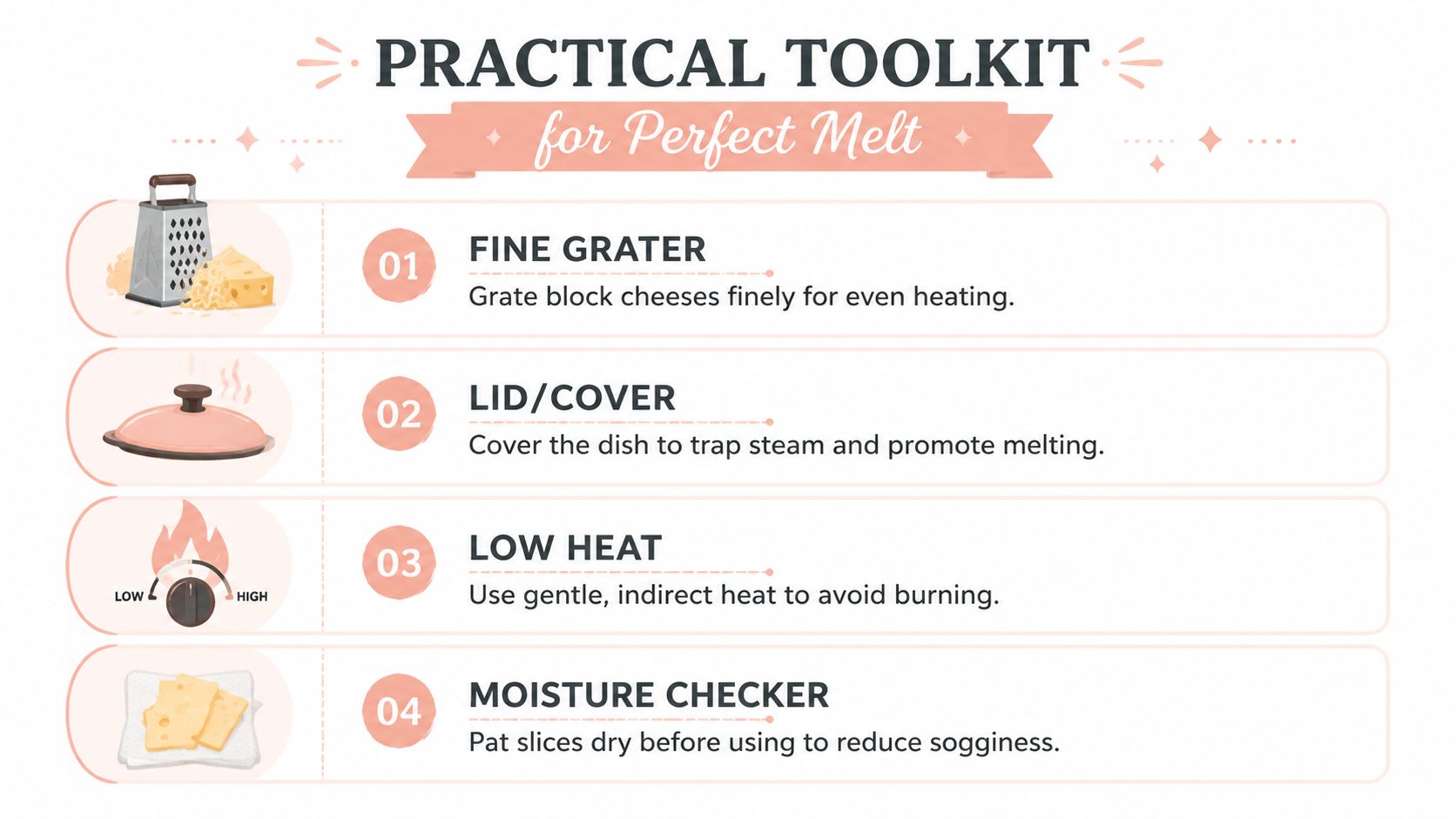 An infographic titled Practical Toolkit for Perfect Melt with four steps on how to melt cheese effectively.
