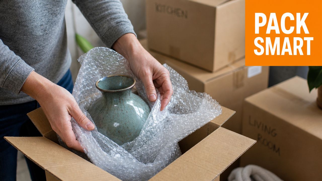 A person carefully wraps a ceramic vase in bubble wrap inside a cardboard box for moving.