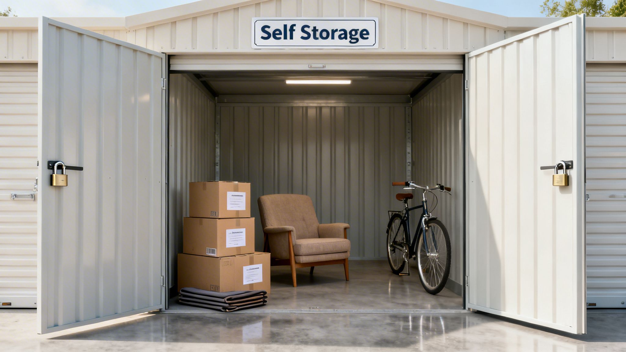 An open self-storage unit with moving boxes, an armchair, and a bicycle inside.