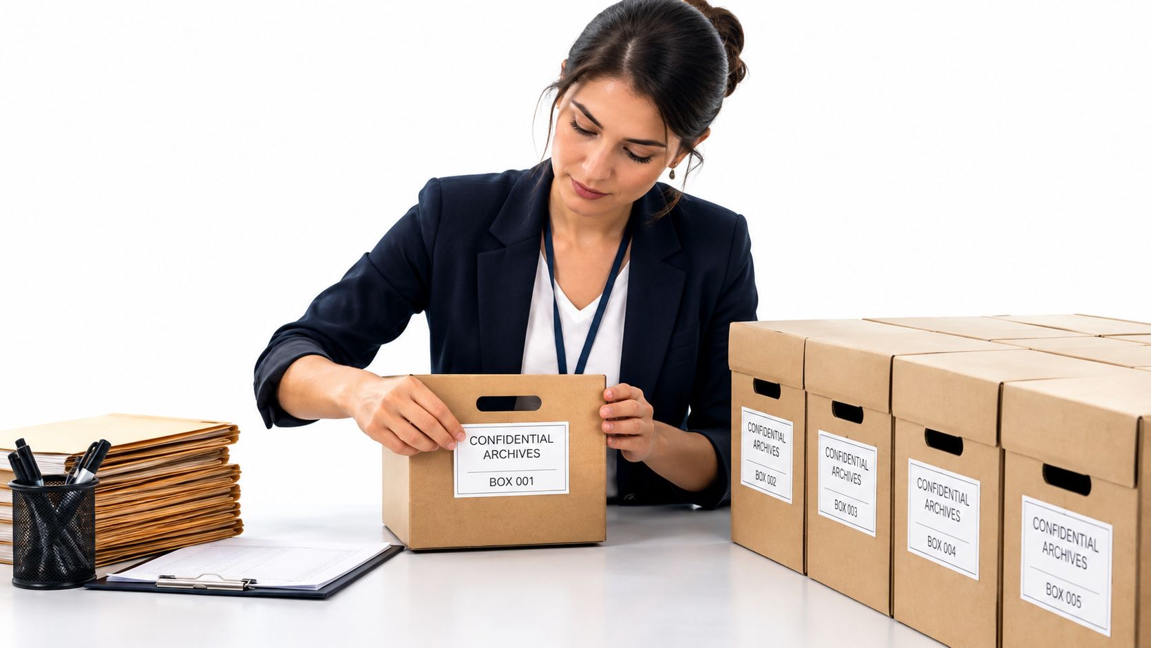 A professional woman in a business suit labeling and organizing confidential archive document boxes at a desk.