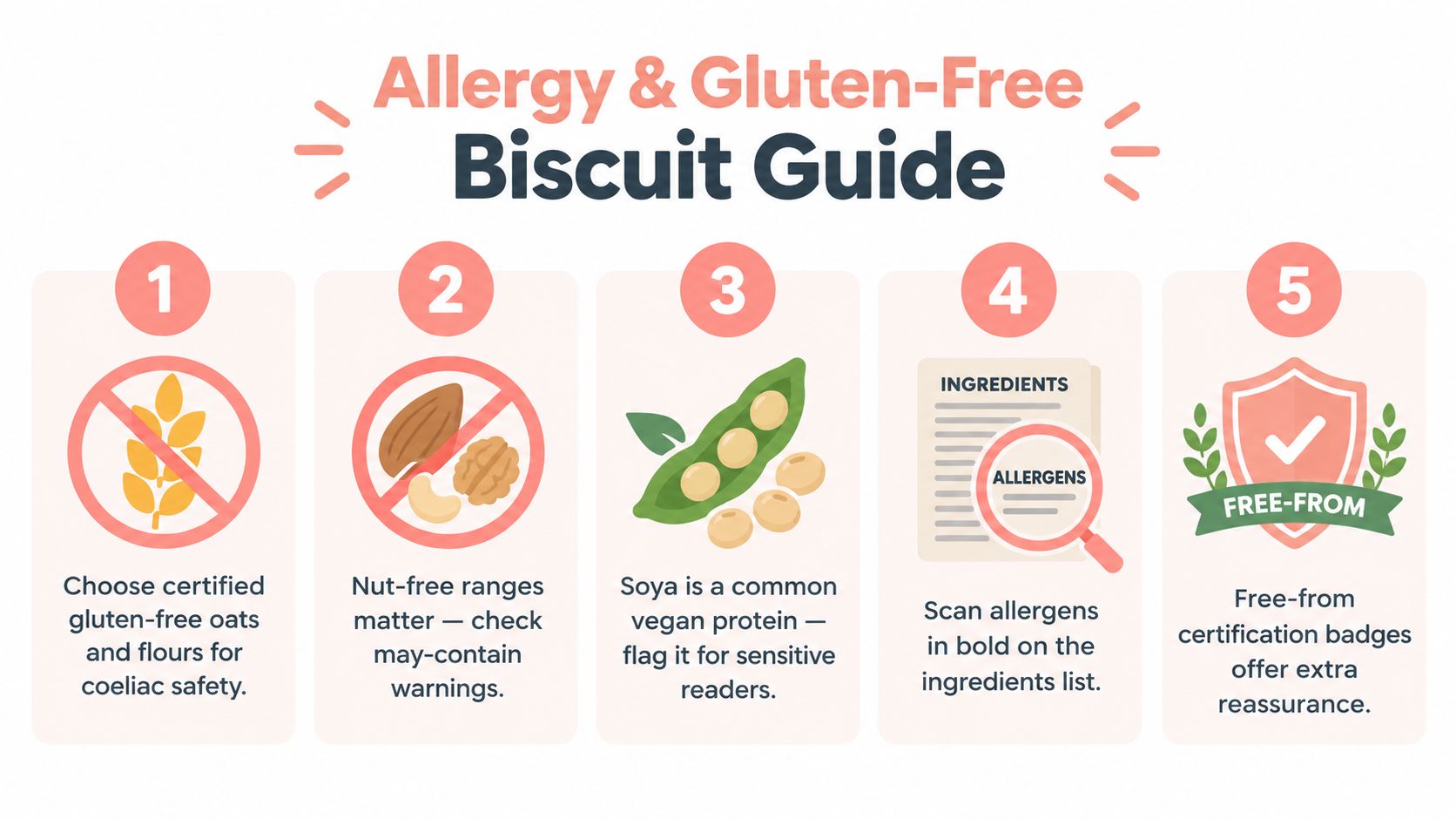 A five-step guide for identifying allergy and gluten-free biscuits, featuring safety tips and dietary considerations.