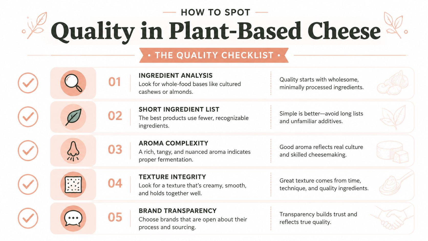 An infographic checklist outlining five key indicators of quality in plant-based and vegan cheese products.