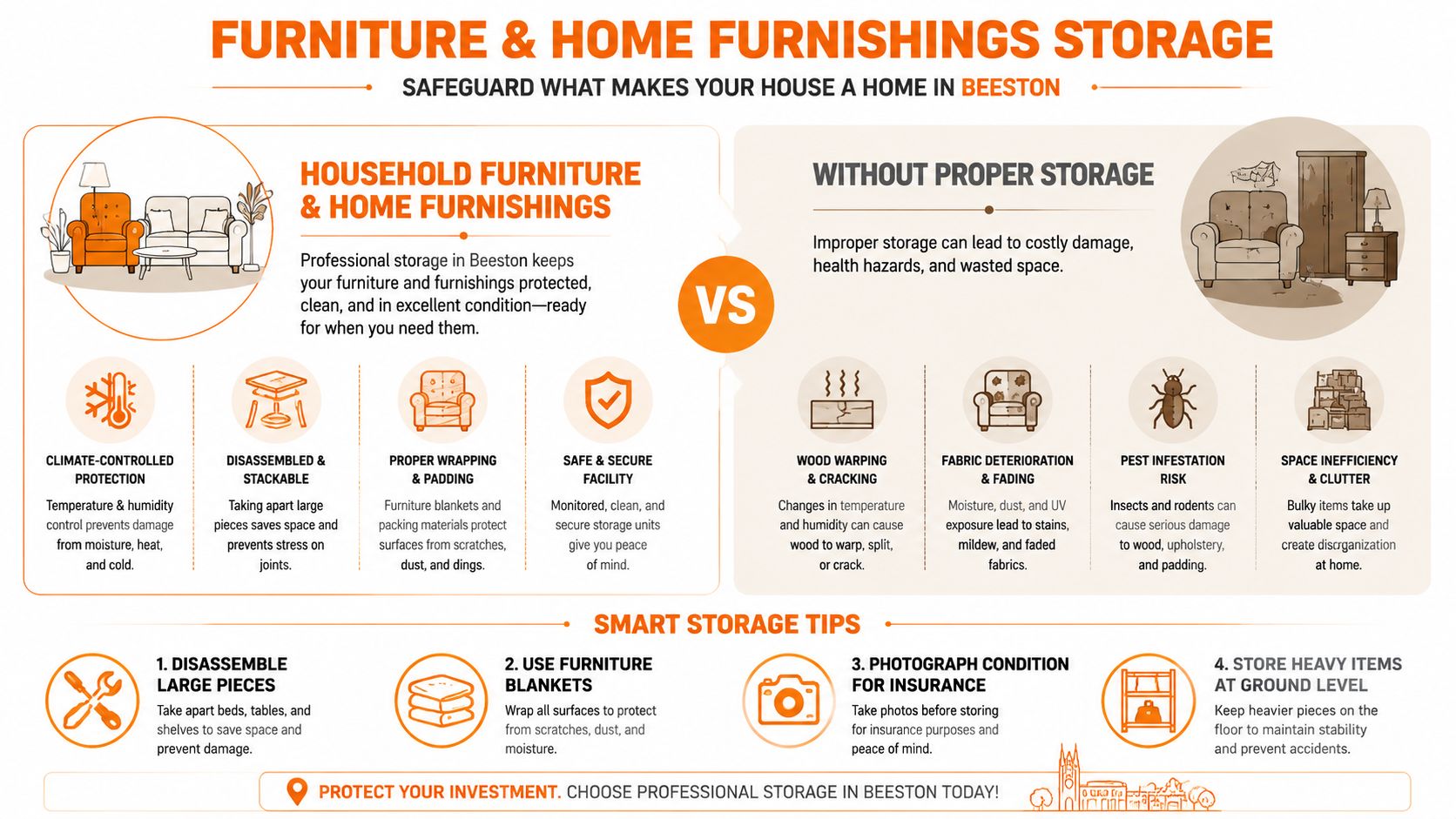 An infographic comparing the benefits of professional furniture storage against the risks of improper storage methods in Beeston.