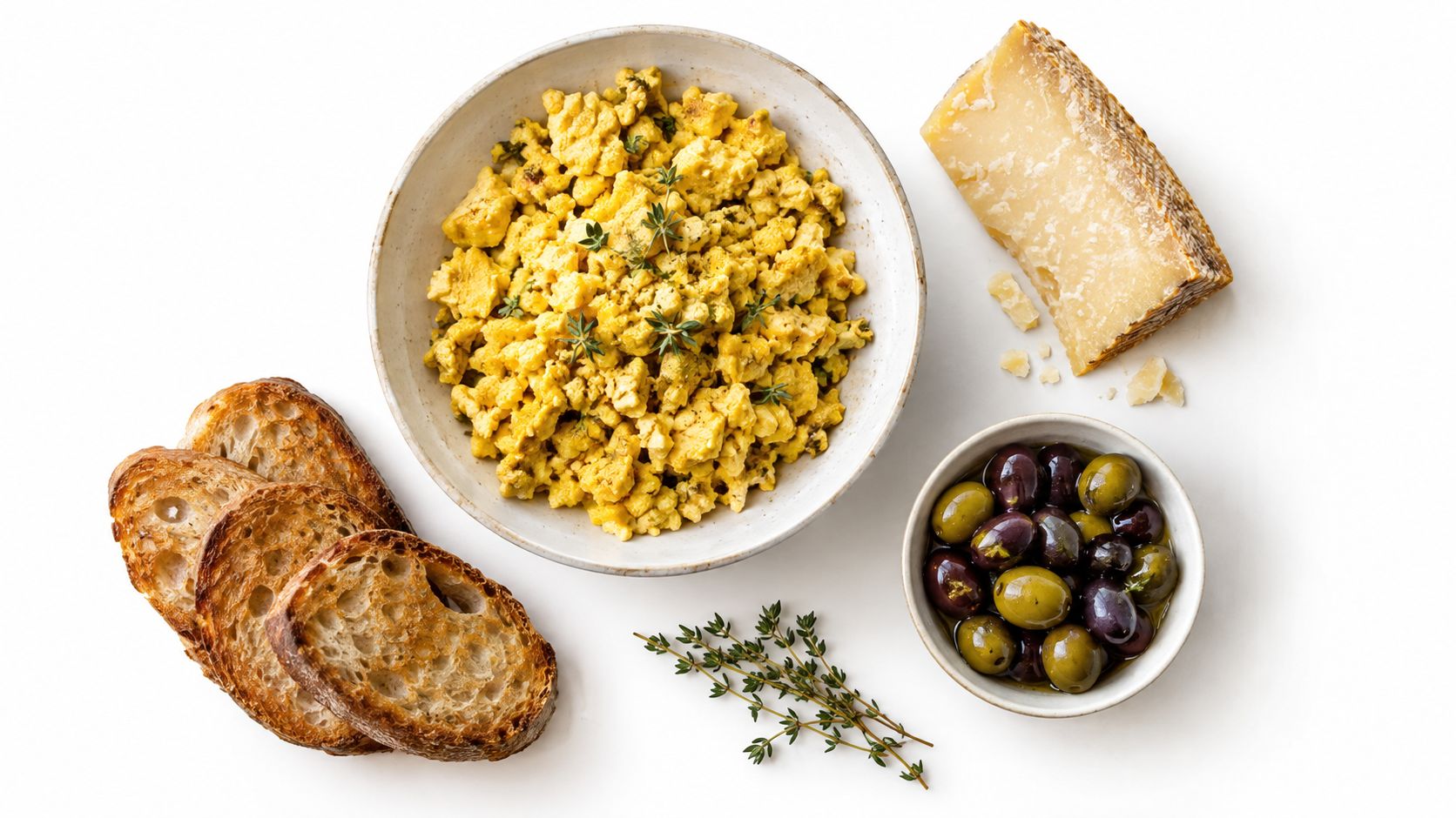 A top-down view of scrambled tofu in a bowl served with toasted bread, olives, and cheese.